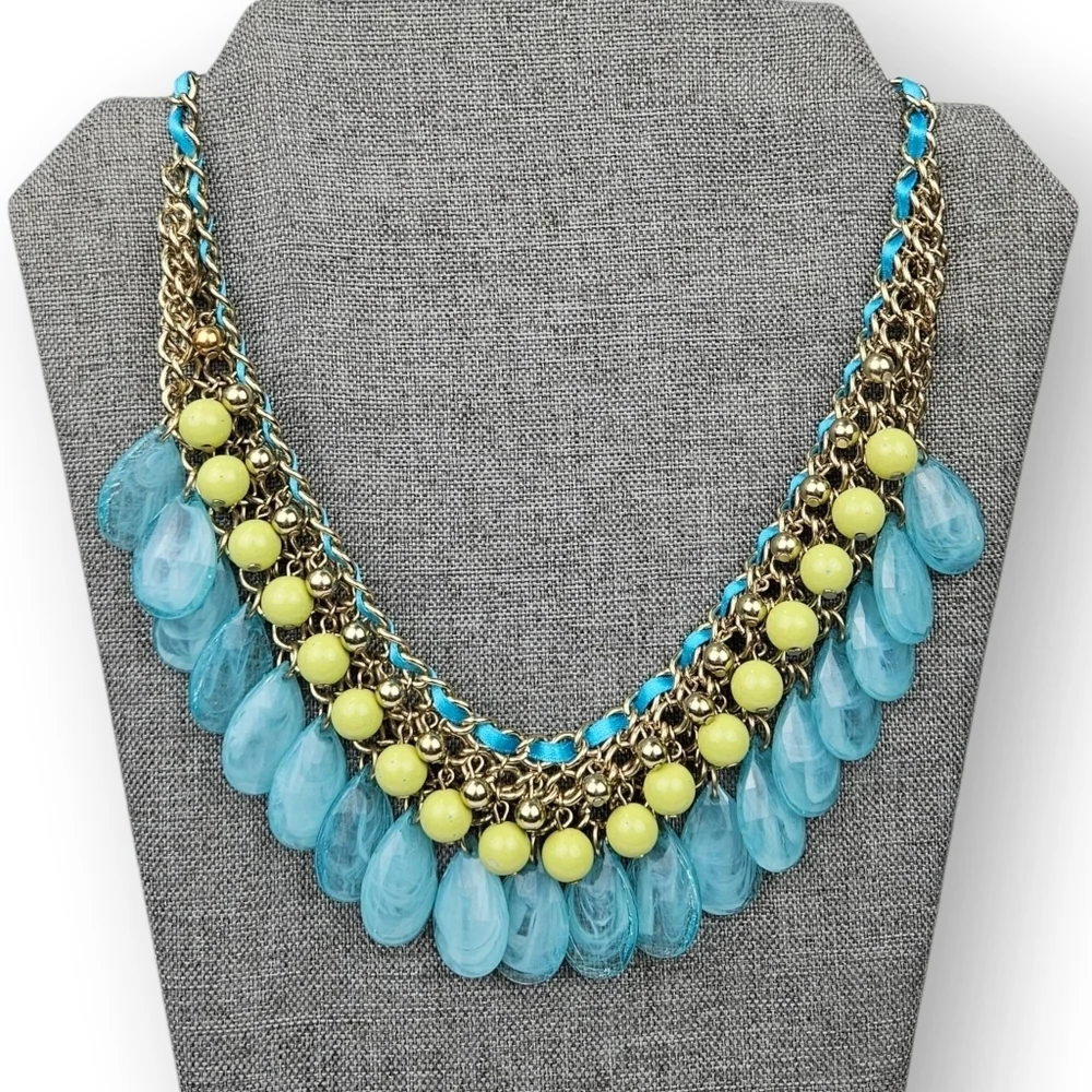 RJ Graziano Statement Chain Necklace Faux Turquoise Bib Green Blue Gold Tone 18
